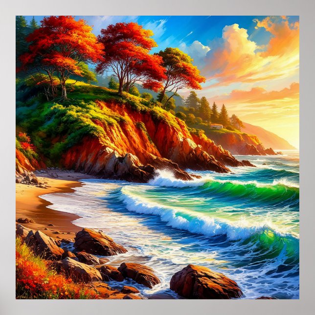 Affiche Paysage côtier vibrant avec des rivages rocheux (Devant)