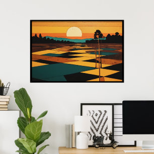 Affiche Paysage Cubiste Couleurs Plates Champs Surréalisme