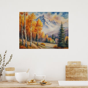 Affiche Paysage d'aquarelle Forêt d'automne avec montagne