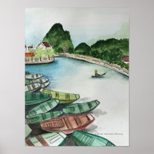 Affiche Paysage d'aquarelle, Vietnam, Tam Coc