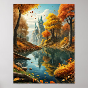 Affiche Paysage d'automne rêvé avec château magique et riv