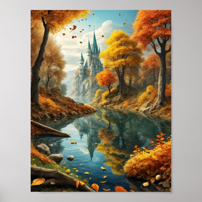 Affiche Paysage d'automne rêvé avec château magique et riv (Devant)
