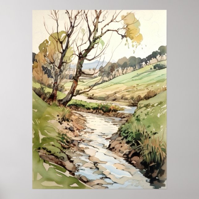 Affiche Paysage de campagne aquarelle  (Devant)