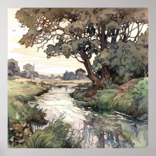 Affiche Paysage de campagne aquarelle 