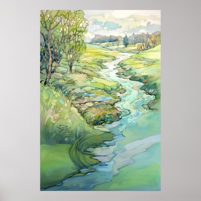 Affiche Paysage de campagne peinture aquarelle (Devant)