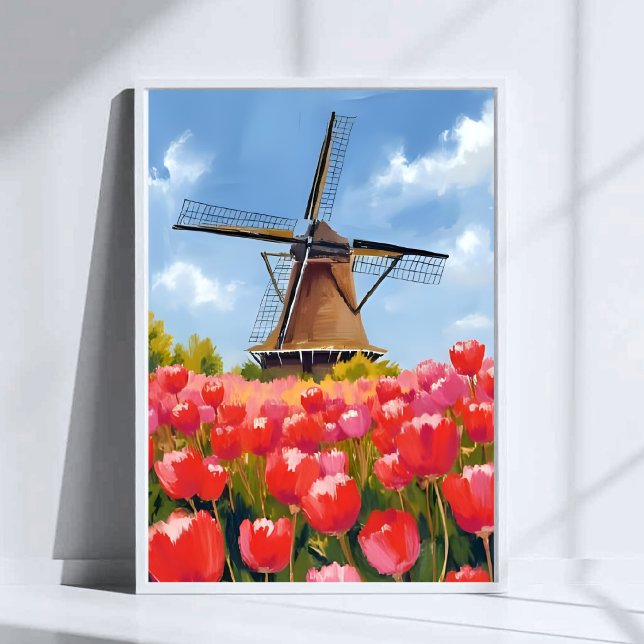 Affiche Paysage de champ de tulipes de moulin à vent holla (Créateur téléchargé)
