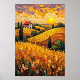 Affiche Paysage de champs de ferme au coucher du soleil vi