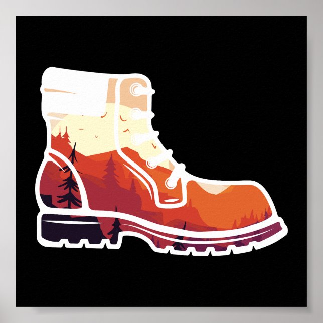 Affiche Paysage de chaussure Randonnée rétro - Coucher de  (Devant)