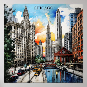 Affiche Paysage de Chicago à l'aquarelle – Ville venteuse