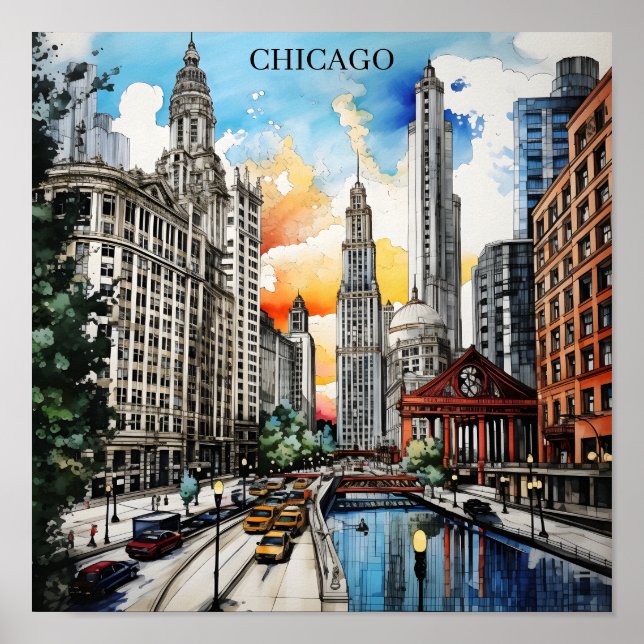 Affiche Paysage de Chicago à l'aquarelle – Ville venteuse  (Devant)