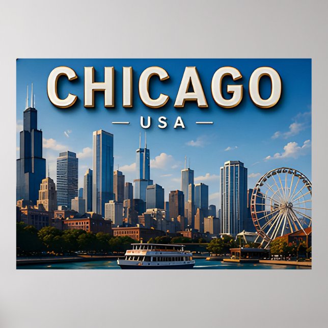 Affiche Paysage de Chicago et lac Michigan (Devant)