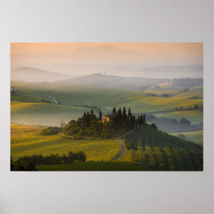 Affiche Paysage de collines de Toscane au lever du soleil