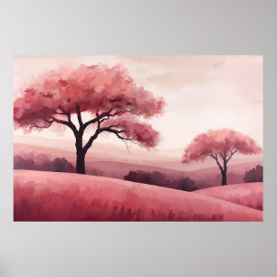 Affiche Paysage de collines ondoyantes avec arbres à fleur