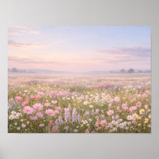 Affiche Paysage de coucher de soleil pastel avec prairie d