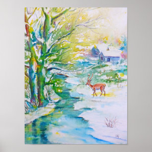 Affiche Paysage de courant de cerfs communs de neige de