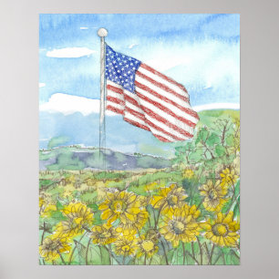 Affiche Paysage de fleurs sauvages jaunes avec drapeau amé