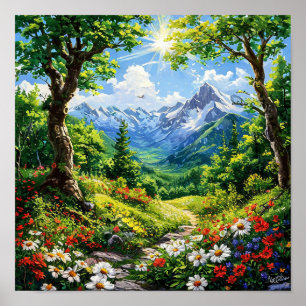 Affiche Paysage de forêt de montagne avec scène de fleurs
