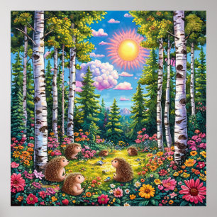 Affiche 🌲 Paysage de forêt ensoleillée pour des espaces n