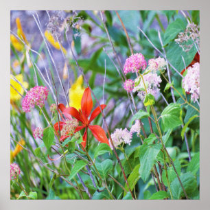 Affiche Paysage de jardin orageux avec hortensia et lis