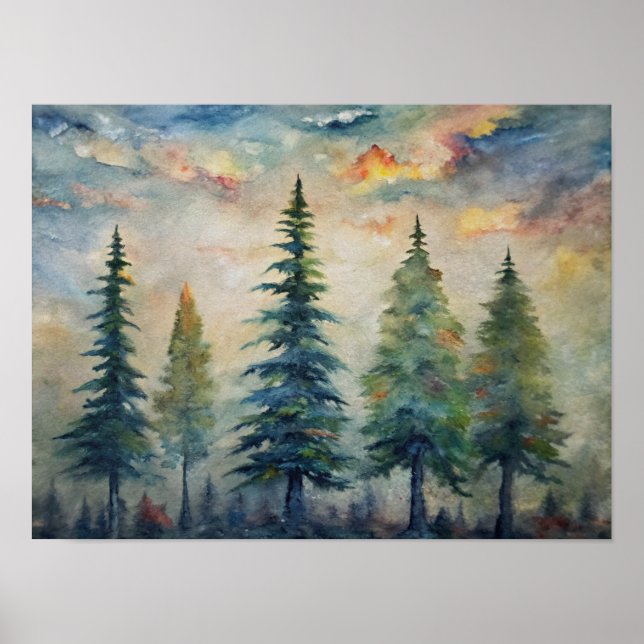 Affiche Paysage de la forêt d'aquarelles, pins à Dusk (Devant)