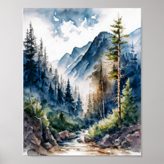 Affiche Paysage de la forêt de montagne Aquarelle