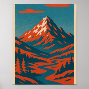 Affiche Paysage de la montagne Retro   Po Vintage rouge et