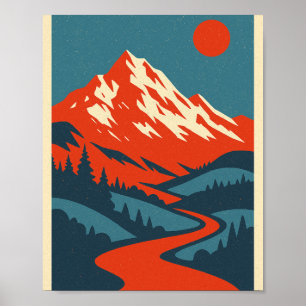 Affiche Paysage de la montagne Retro Po Vintage rouge et