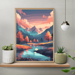 Affiche Paysage de la nature automnale rivière montagne et