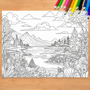 Affiche Paysage de lac de montagne à colorier en couleur