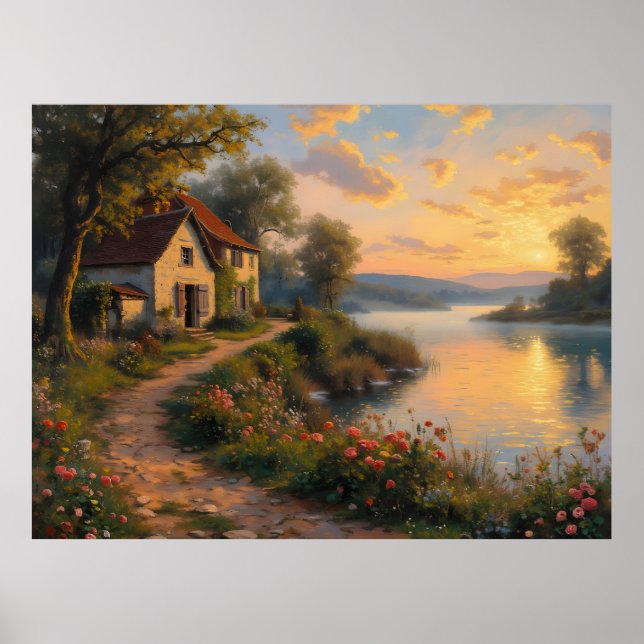 Affiche Paysage de lever de soleil à la ferme rustique (Devant)