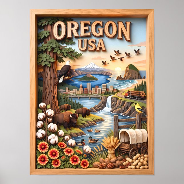 Affiche Paysage de l'Oregon avec ciel, monuments, faune et (Devant)