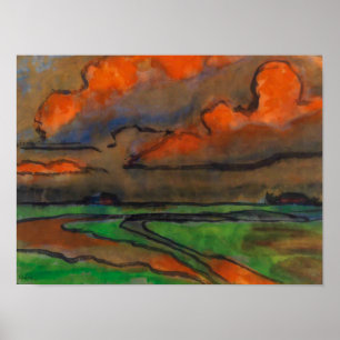 Affiche Paysage de marais sous des nuages rouges Emil No