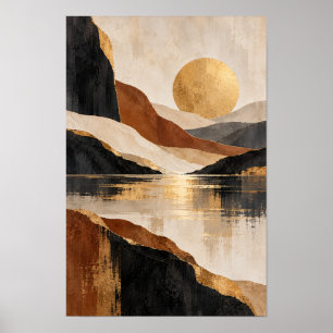 Affiche Paysage de montagne abstrait de soleil doré sur to
