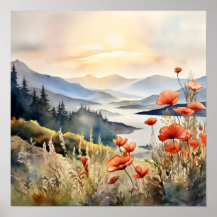 Affiche Paysage de montagne aquarelle peinture art Imprime
