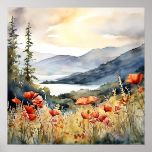 Affiche Paysage de montagne aquarelle peinture art Imprime