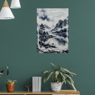 Affiche Paysage de Montagne au Lavis d'Encre Japonaise Sum