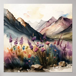 Affiche Paysage de montagne avec aquarelle Fleur sauvage