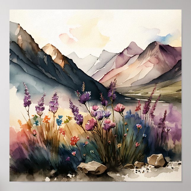 Affiche Paysage de montagne avec aquarelle Fleur sauvage (Devant)