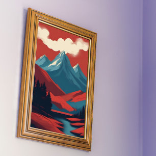 Affiche Paysage de montagne Bleu rouge Illustration rétro