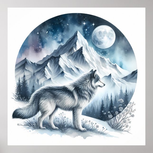 Affiche Paysage de montagne d'hiver avec loup (Devant)