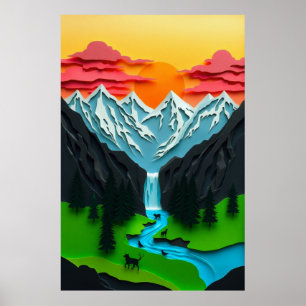 Affiche Paysage de montagne en 3D en papier découpé