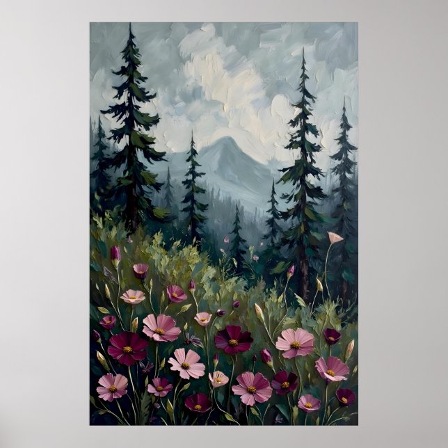 Affiche Paysage de montagne impressionniste avec fleurs sa (Devant)
