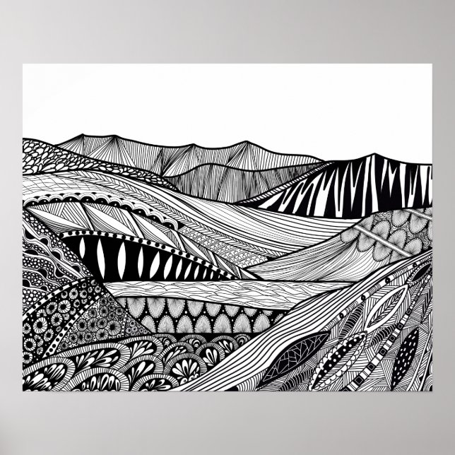 Affiche Paysage de montagne noir blanc abstrait doodart (Devant)