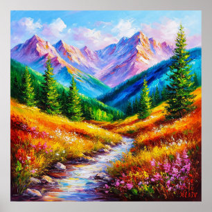 Affiche Paysage de montagne vibrant avec ruisseau et fleur