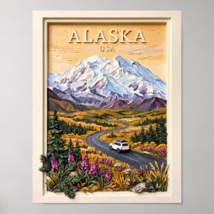 Affiche Paysage de montagnes enneigées vintage pour road t