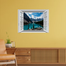 Paysage de montagnes et de lac 3D Vue de fenêtre f