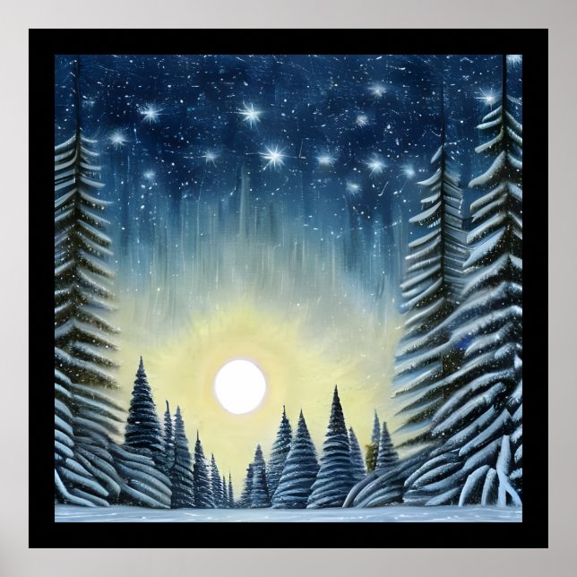 Affiche Paysage De Neige À feuillage persistant Lune Sous  (Devant)