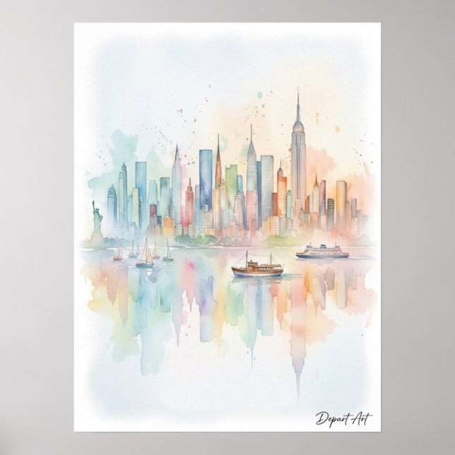 Affiche Paysage de New York à l'aquarelle (Devant)