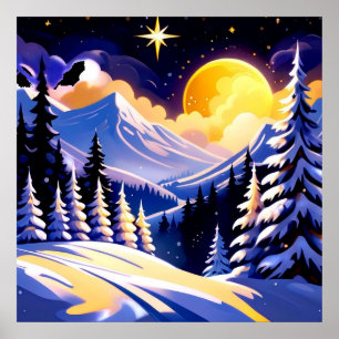 Affiche Paysage de nuit d'hiver avec montagnes enneigées