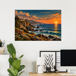 Affiche Paysage de phare côtier vintage sur toile